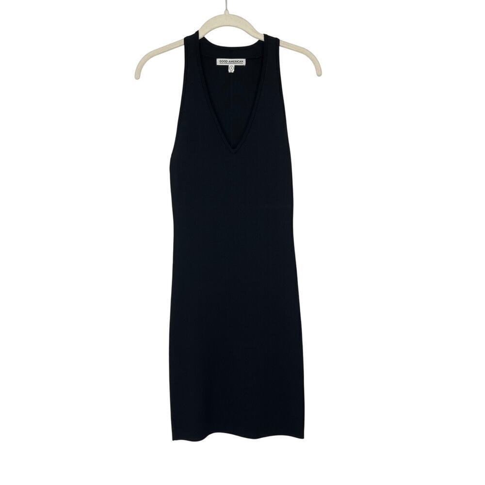 Good American Ribbed Bodycon Mini Dress  V-Neck in Black Size 3 Large Going Out